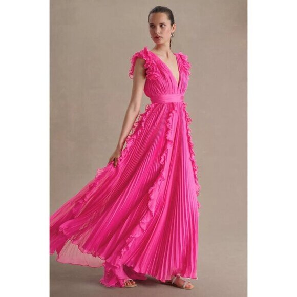 MAC DUGGAL Pleated Ruffle Cap Sleeve Chiffon Gown in Fuchsia Size US 8 - Picture 1 of 14